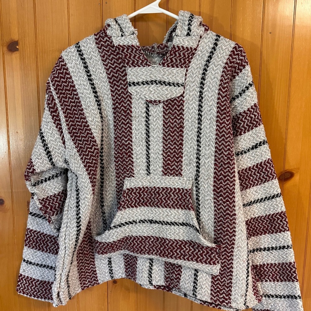 Baja Joe Earth Ragz Striped Hoodie Burgundy Grey Drug Rug Small Mexican Pullover